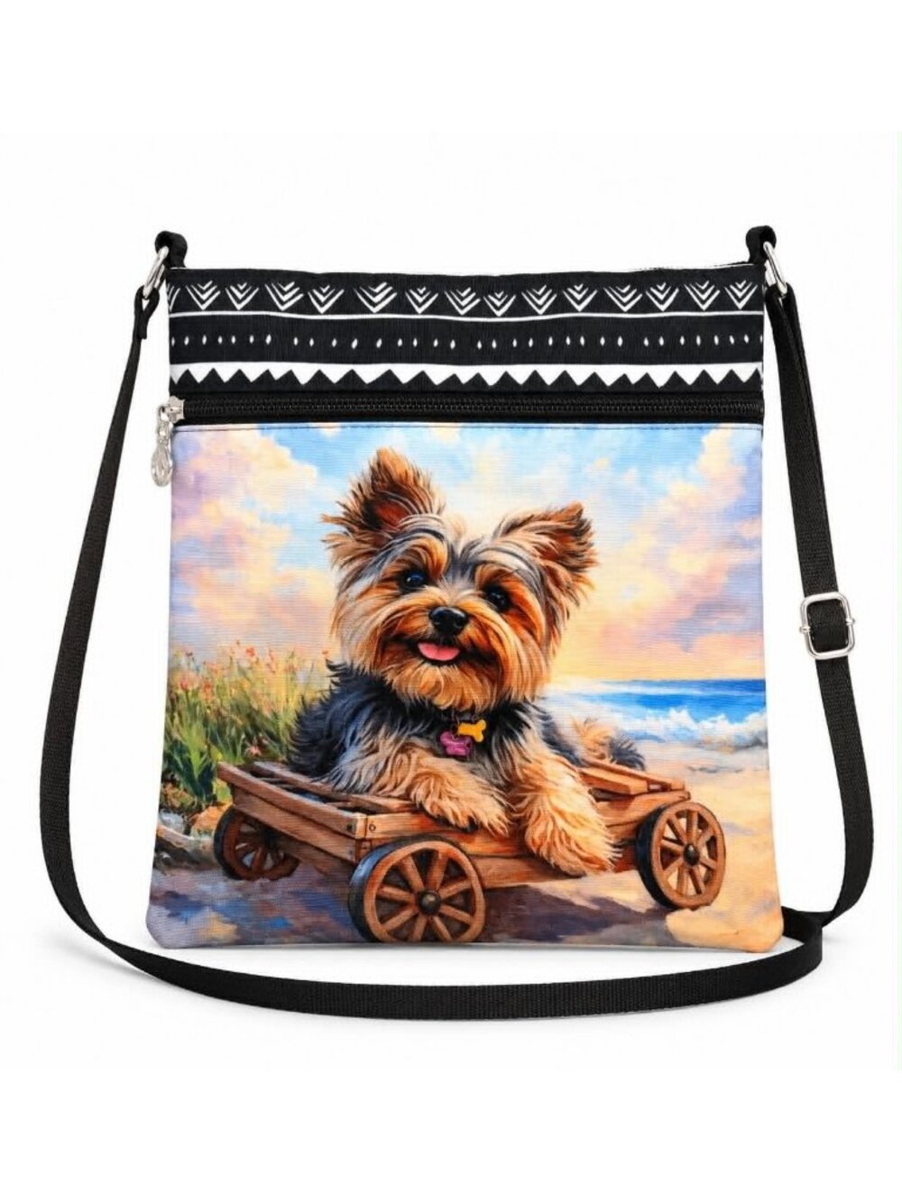 Yorkshire Terrier Beach Crossbody Bag with Adjustable Black Strap